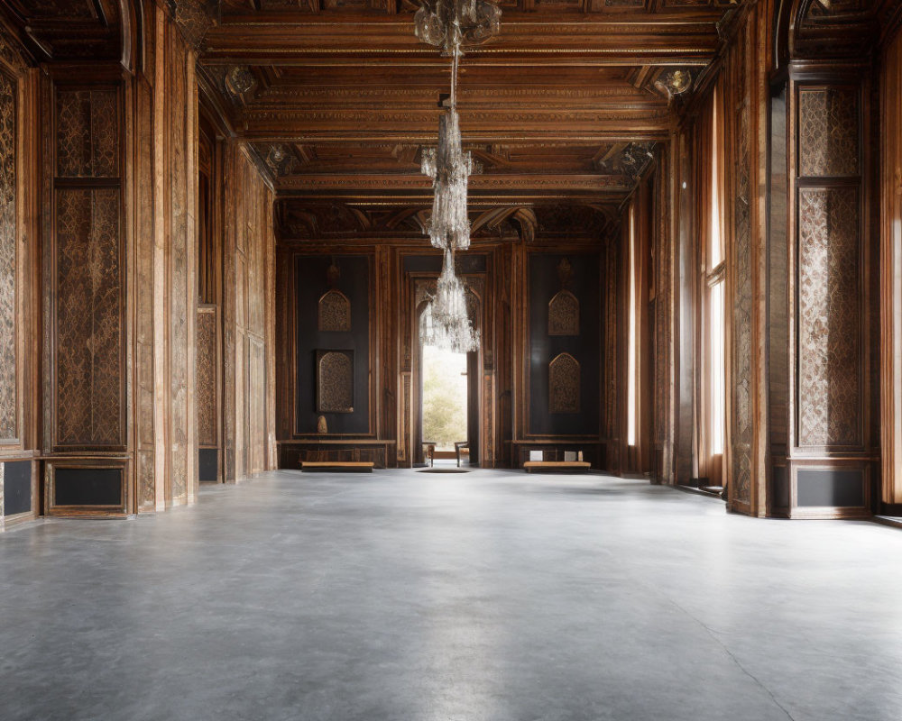 Spacious room with wooden paneling, chandelier, and high ceilings