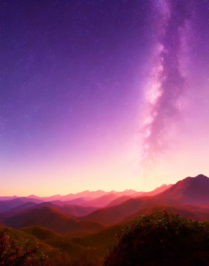 Twilight sky with stars and Milky Way over mountain silhouettes