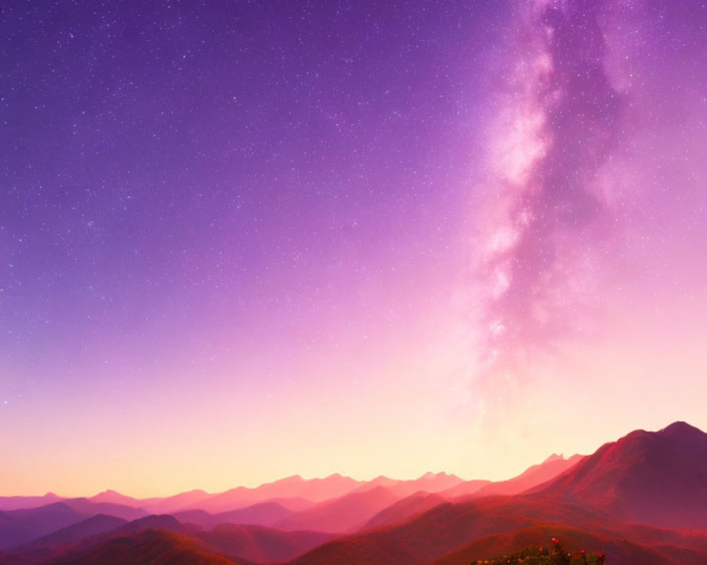 Twilight sky with stars and Milky Way over mountain silhouettes