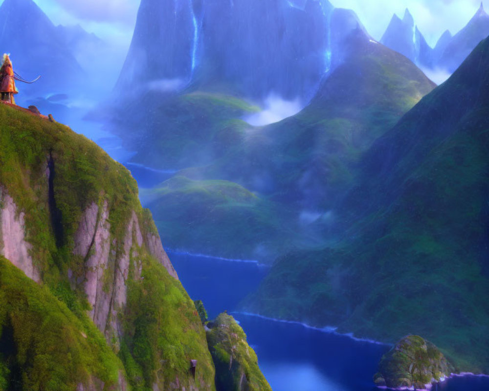 Vibrant fantasy landscape with green cliffs, serene river, mountains, and character.