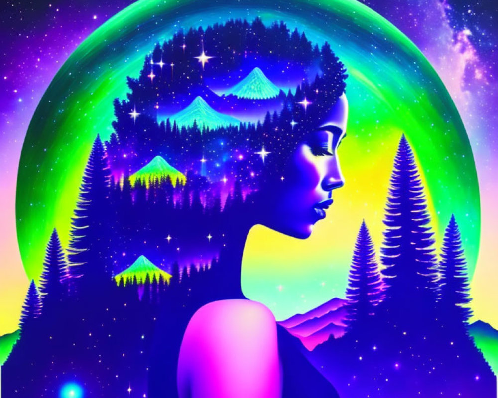 Detailed Profile of Woman Silhouette with Neon Night Sky Landscape