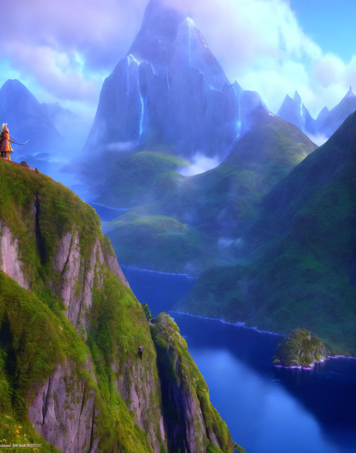 Vibrant fantasy landscape with green cliffs, serene river, mountains, and character.