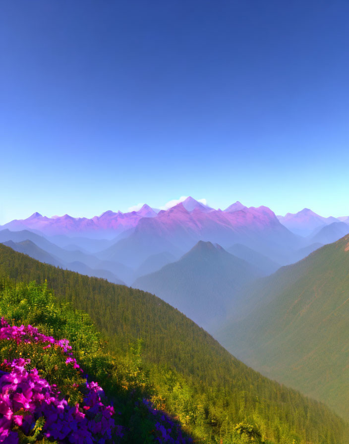 Scenic view of green hills, flowers, and blue mountains under clear sky