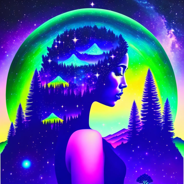 Detailed Profile of Woman Silhouette with Neon Night Sky Landscape