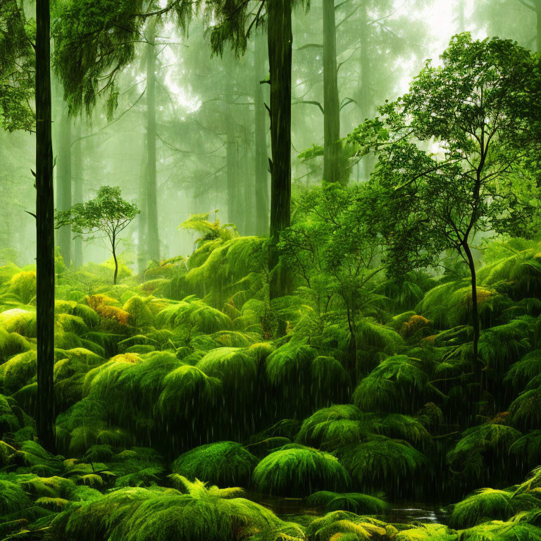 Lush Vibrant Forest with Moss-Covered Ground and Misty Trees