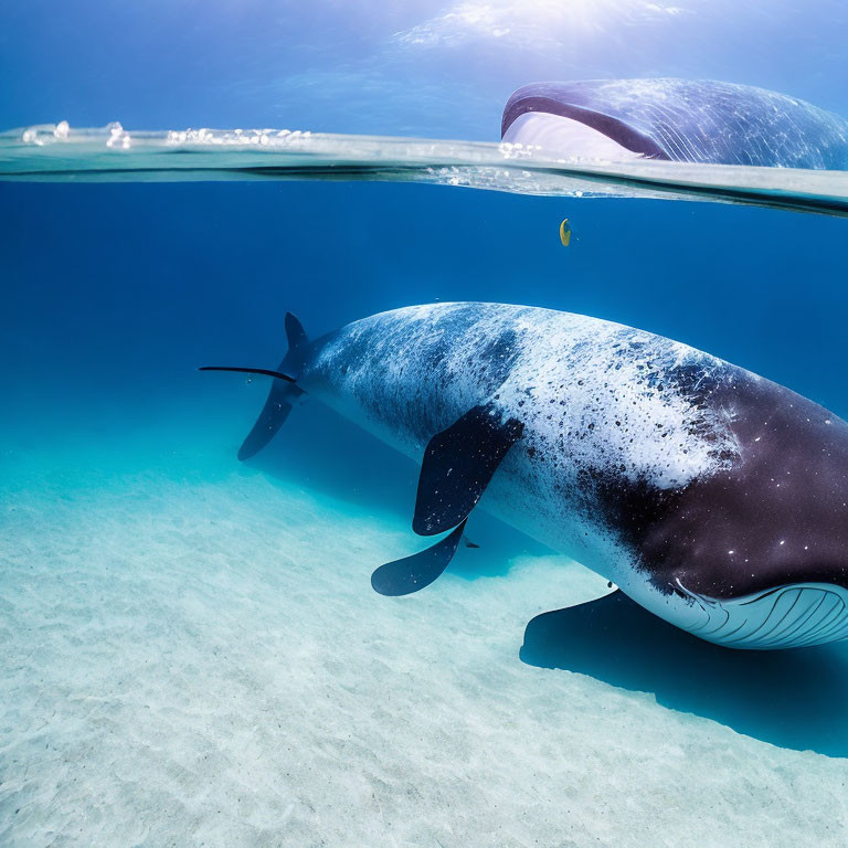 Giant whale shark swimming in clear blue water with sand below