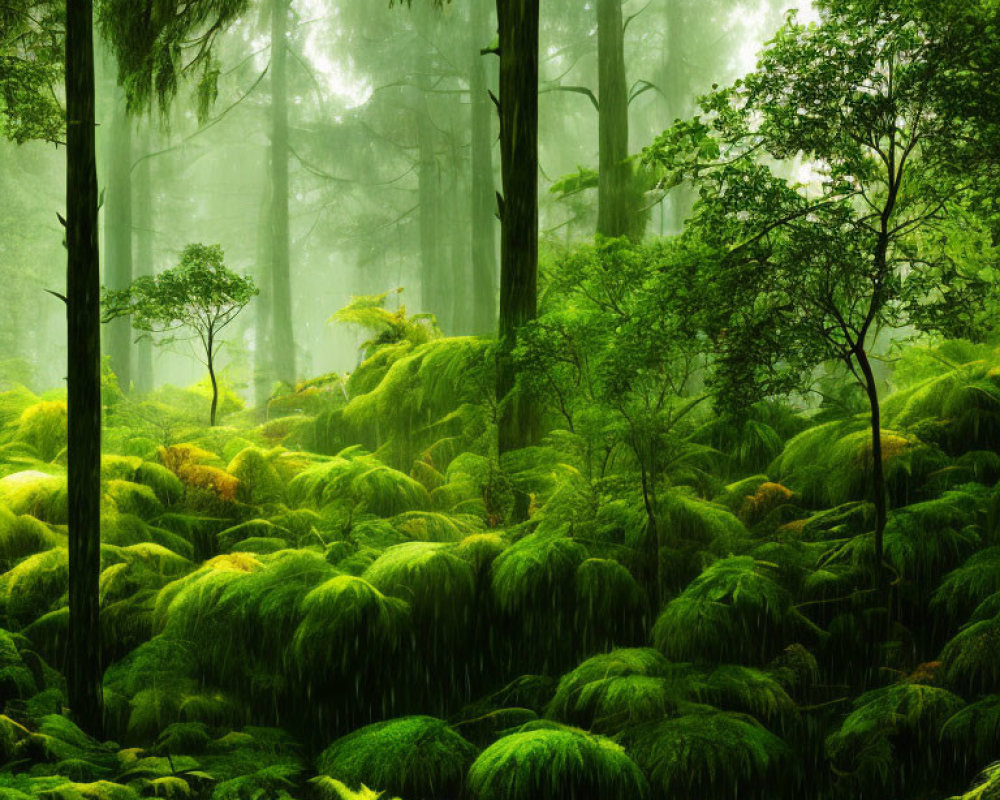 Lush Vibrant Forest with Moss-Covered Ground and Misty Trees