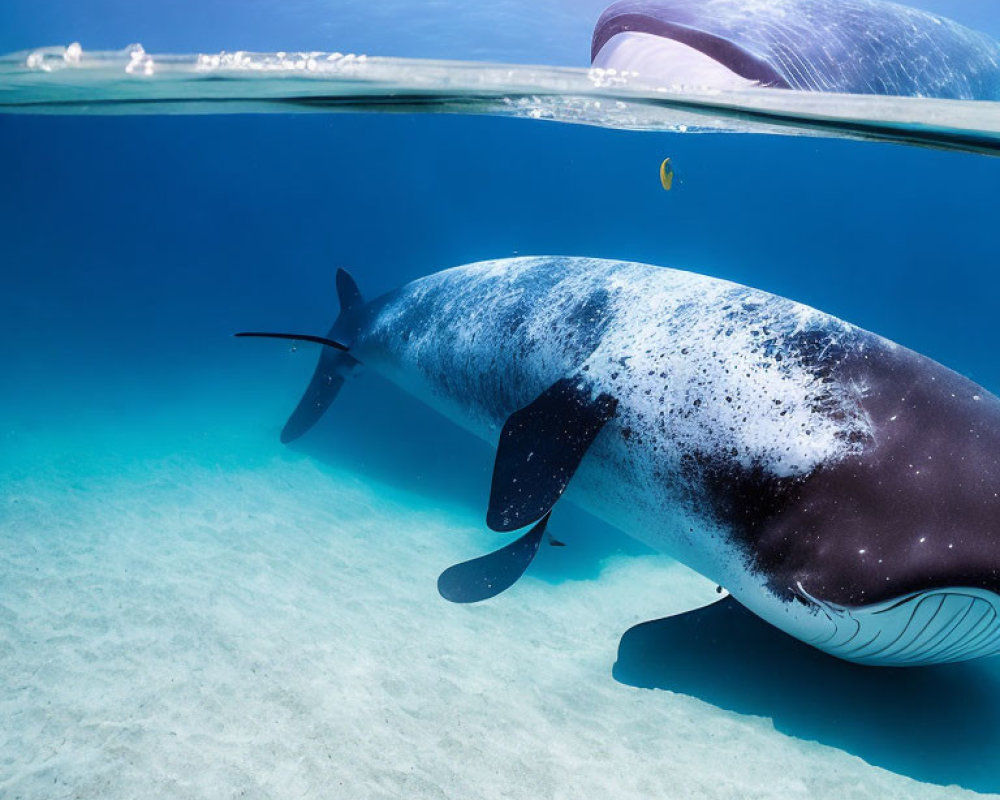 Giant whale shark swimming in clear blue water with sand below