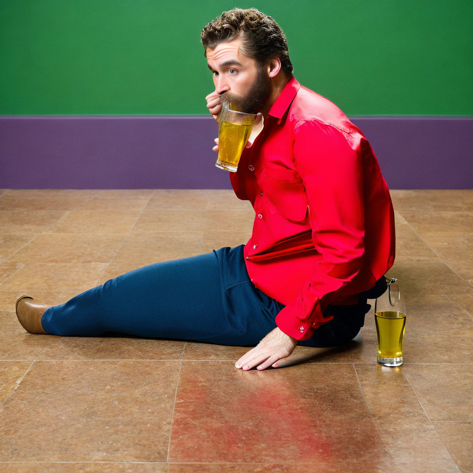 Man in red shirt and blue pants drinking from large glass mug while sitting on floor