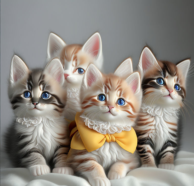 Four Cute Kittens with Blue Eyes and Fluffy Fur, Two with White Collars and One with