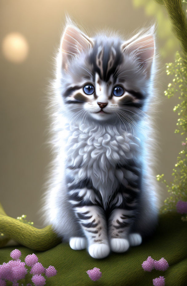 Grey-Striped Kitten on Branch with Purple Flowers and Bokeh