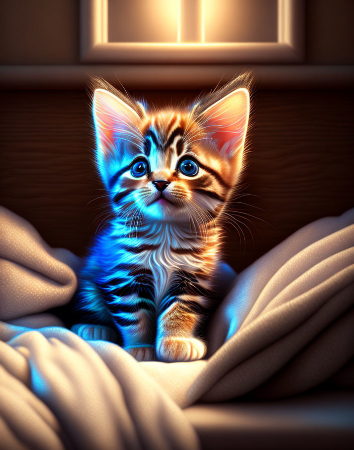 Blue Striped Kitten on Soft Blanket in Warm Light