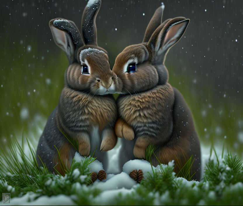 Rabbits snuggling in snow with falling snowflakes