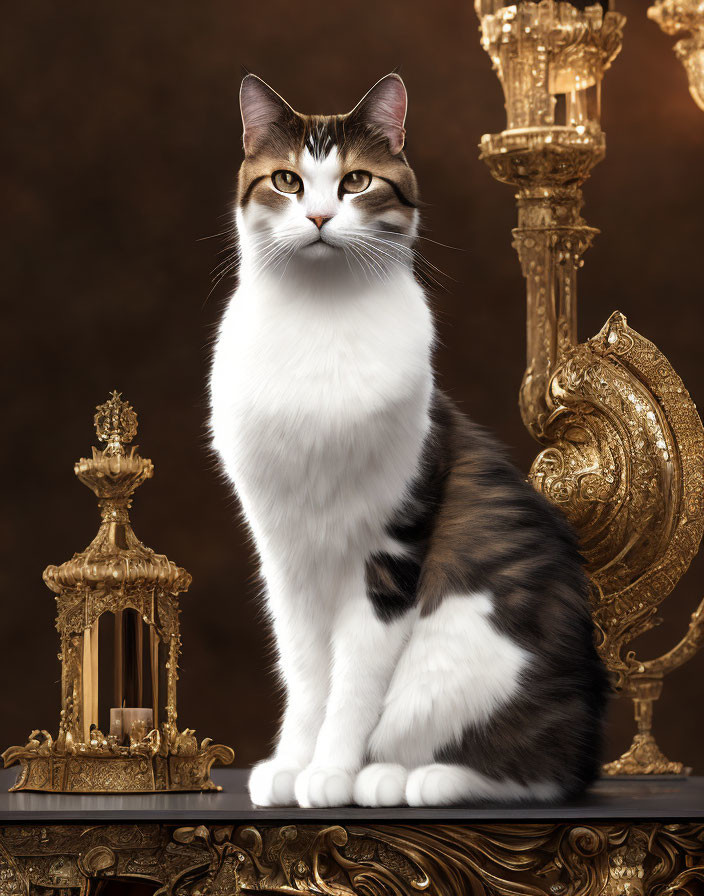 Regal domestic cat with white and tabby coat among golden decorations