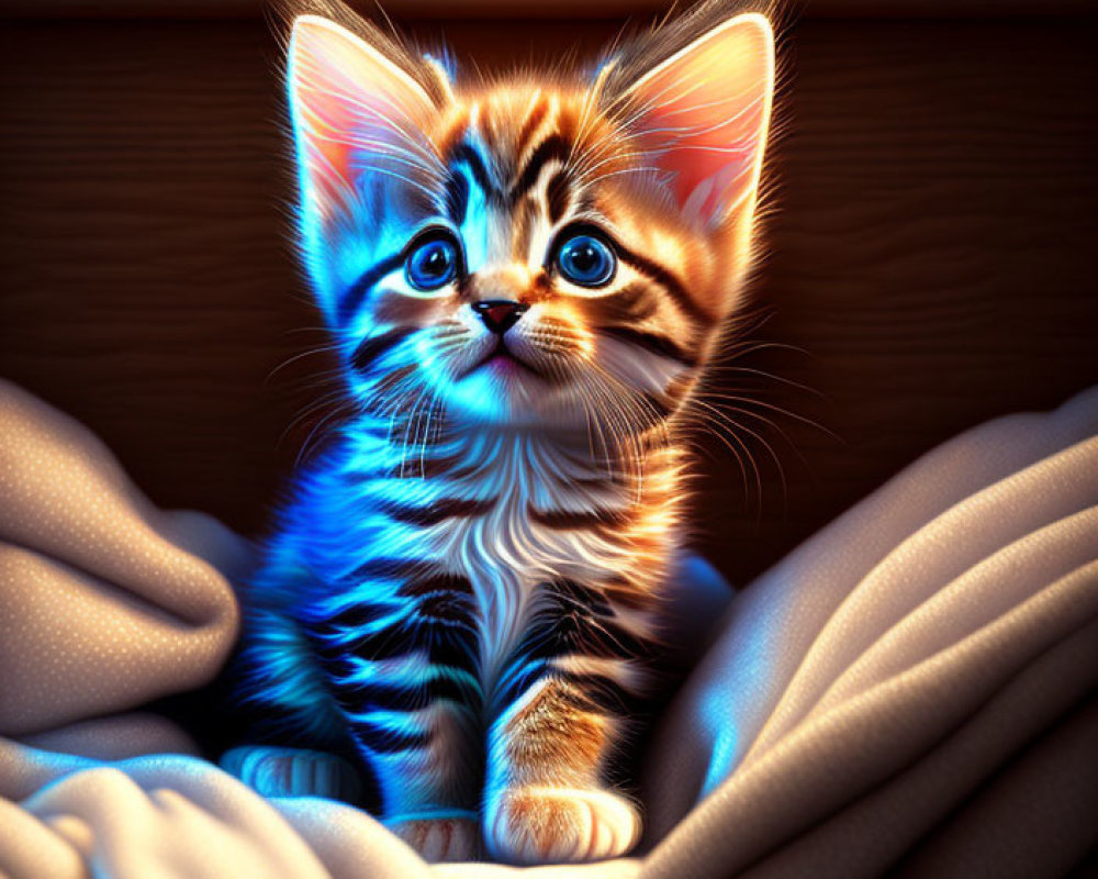 Blue Striped Kitten on Soft Blanket in Warm Light