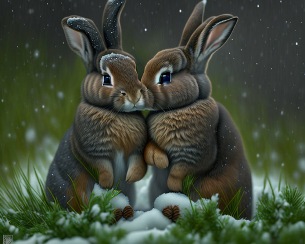 Rabbits snuggling in snow with falling snowflakes