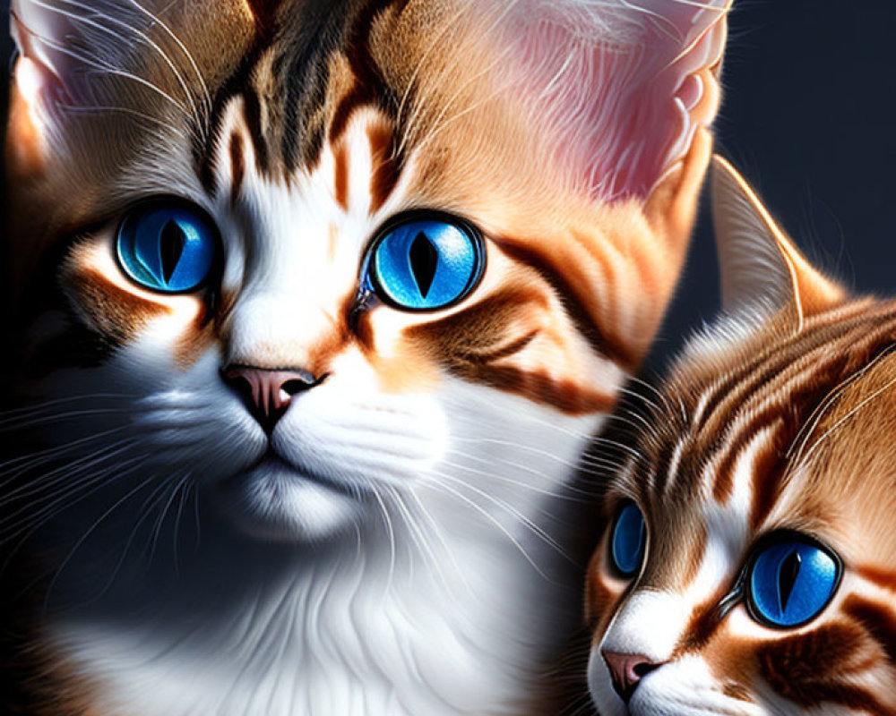 Blue-eyed cats with brown striped fur on dark backdrop