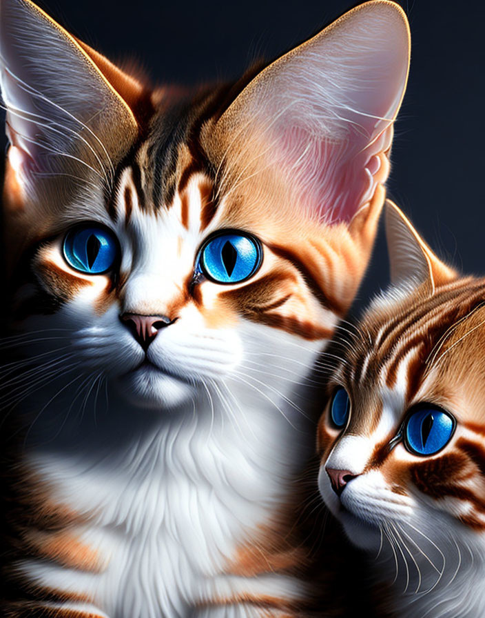 Blue-eyed cats with brown striped fur on dark backdrop