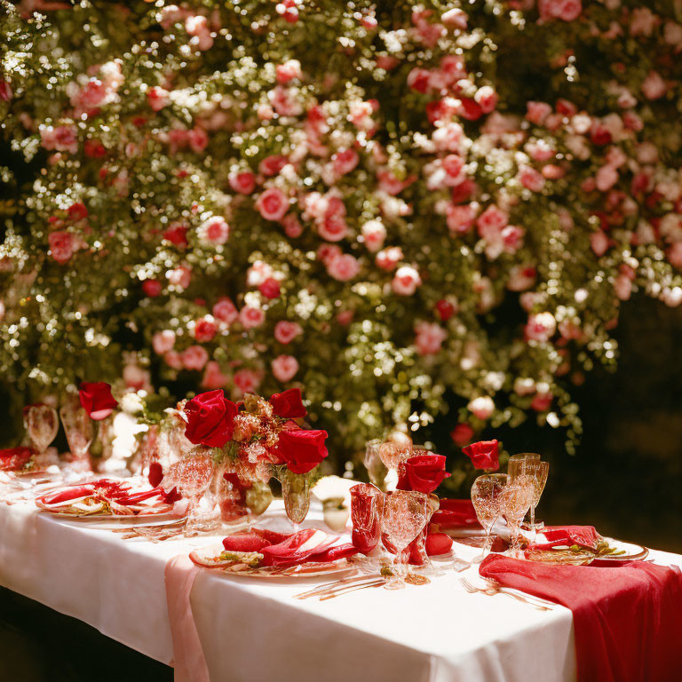 Elegant Table Setting with Red Accents and Crystal Glasses