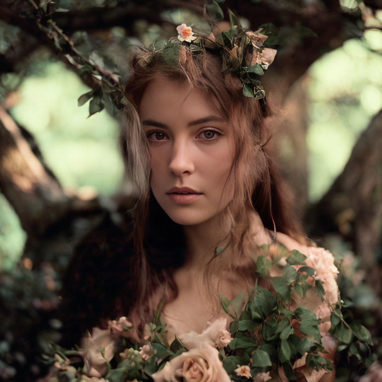 Woman with floral crown gazes through natural archway in woodland setting.