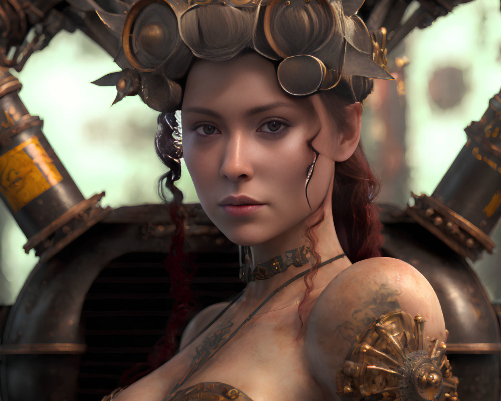 Detailed steampunk woman with mechanical arm and ornate headgear in industrial setting