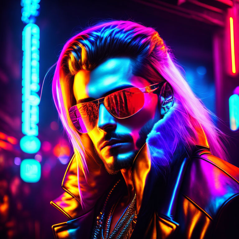 Stylish man in sunglasses and leather jacket in vibrant, neon-lit urban scene