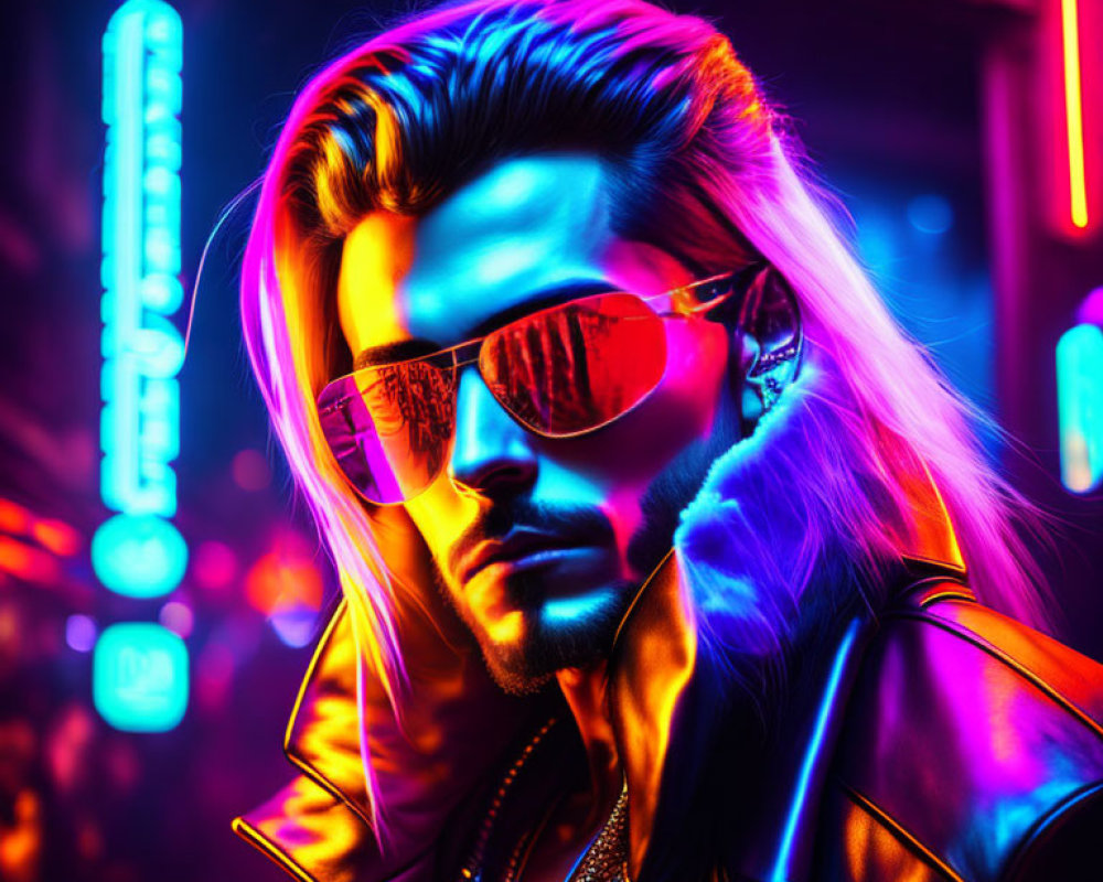 Stylish man in sunglasses and leather jacket in vibrant, neon-lit urban scene