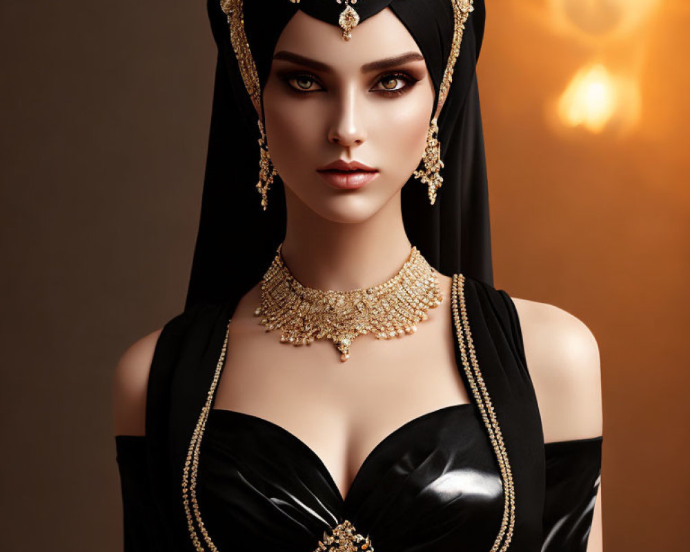 Illustrated woman in black and gold outfit with intricate jewelry on warm-toned background