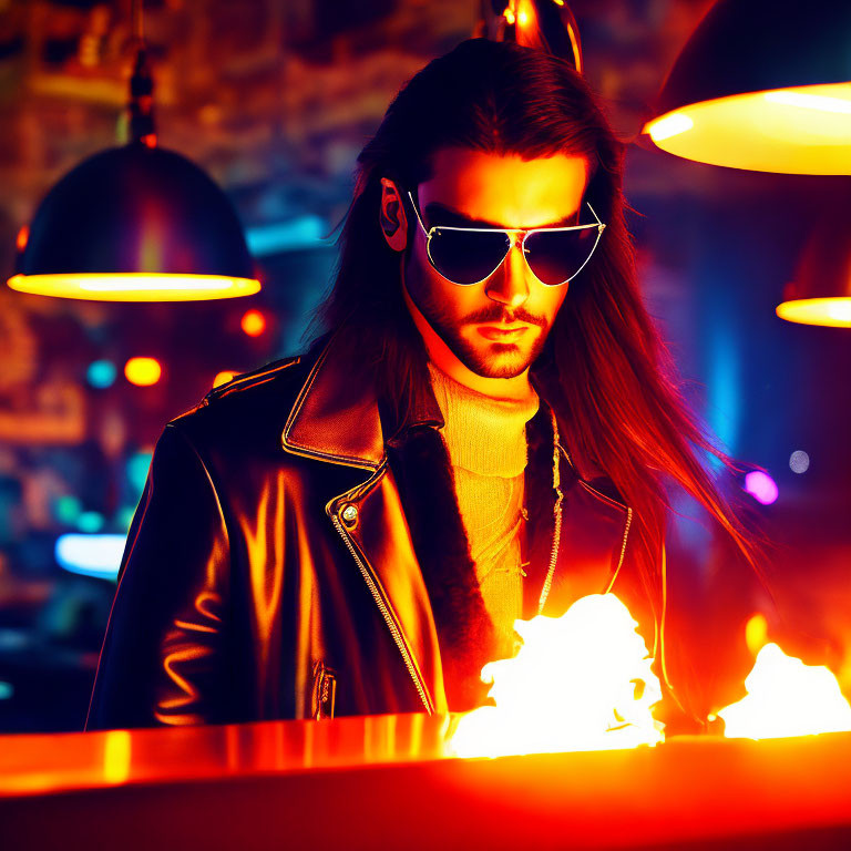 Man in sunglasses and leather jacket in neon-lit bar with flames.