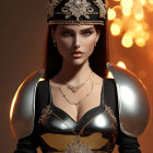 Illustrated woman in black and gold outfit with intricate jewelry on warm-toned background