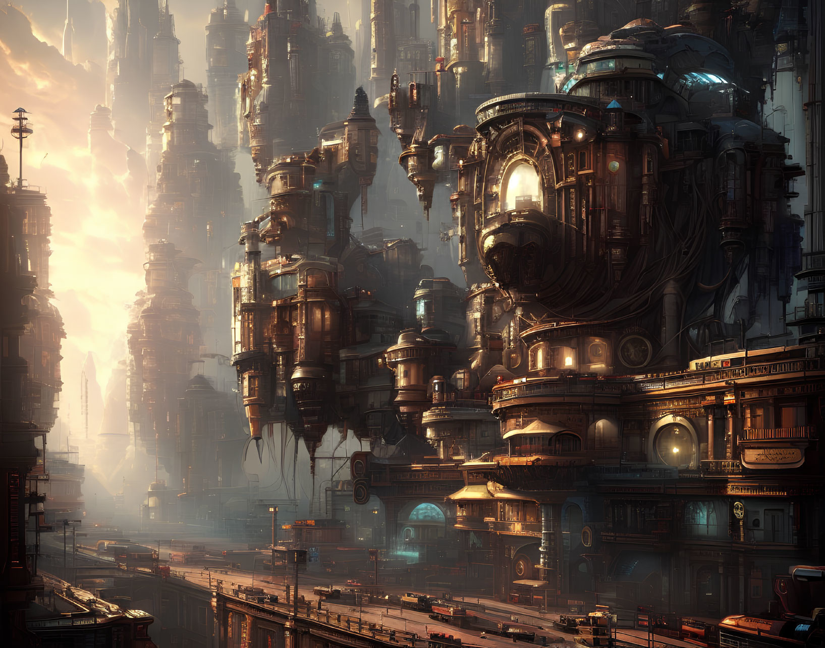 Futuristic cityscape with towering high-rise structures at sunrise or sunset