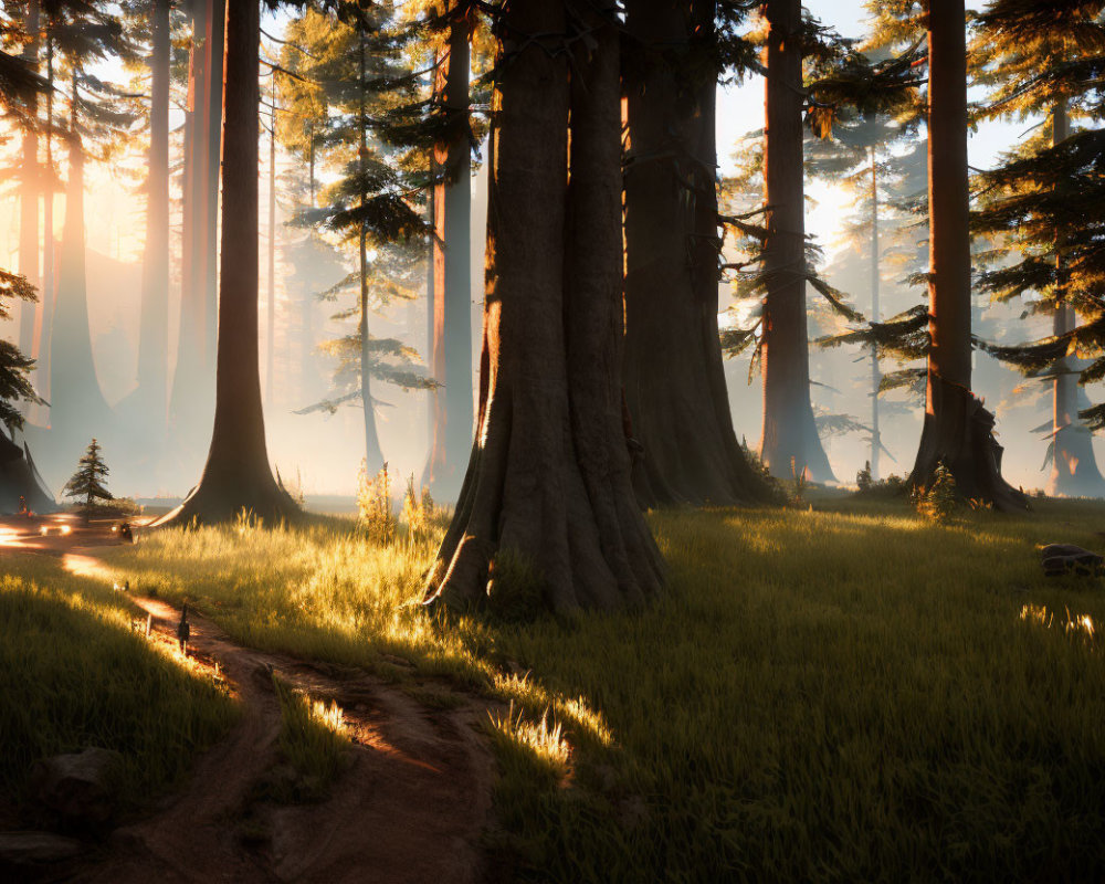 Majestic forest with tall trees, sunlight filtering through, lush grass, and winding path