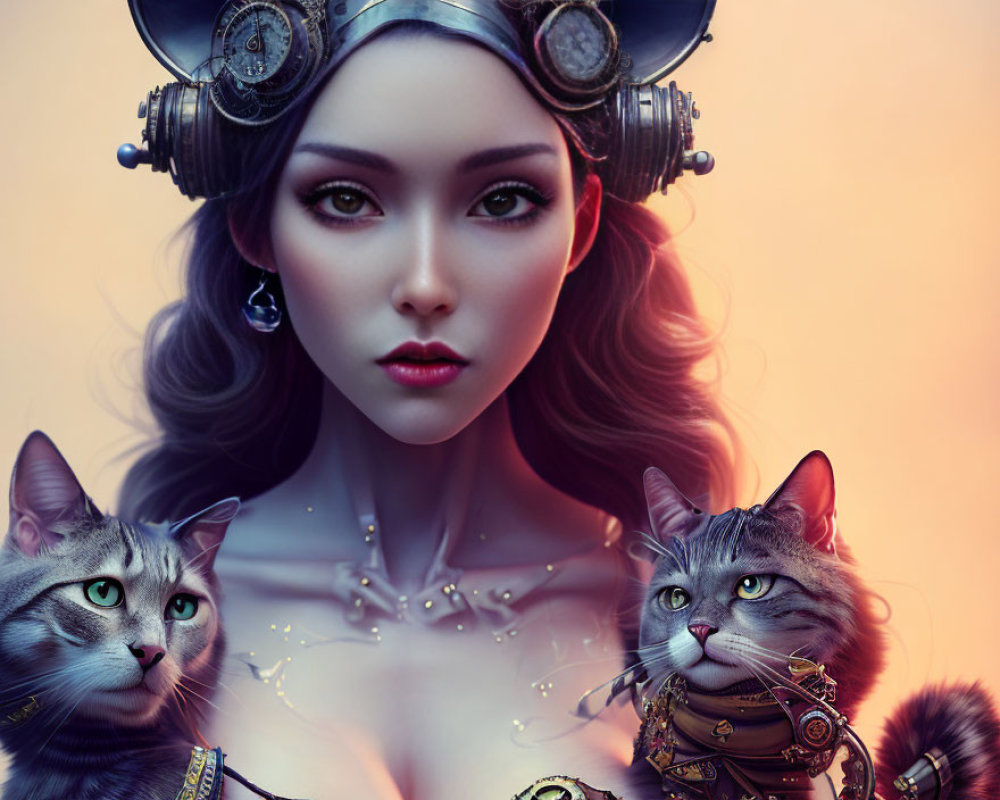 Steampunk-themed woman with goggles and two cats in steampunk collars on warm backdrop