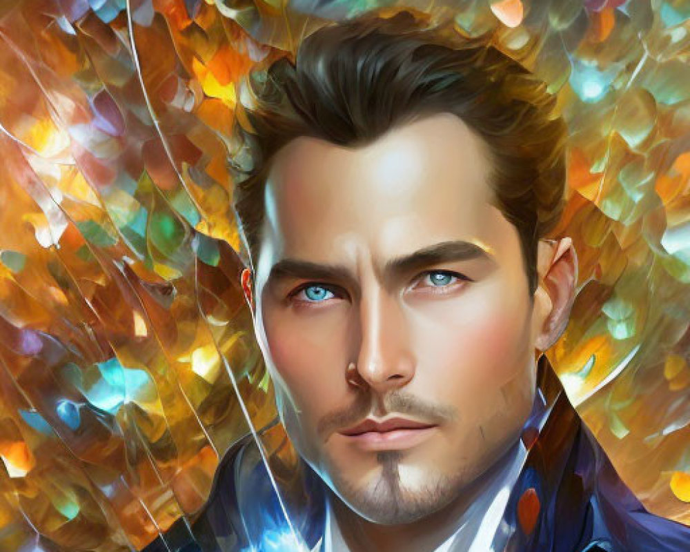 Male figure with blue eyes and navy coat in vibrant digital artwork