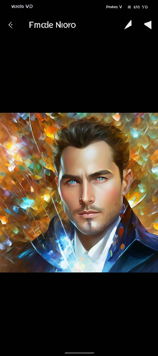 Male figure with blue eyes and navy coat in vibrant digital artwork