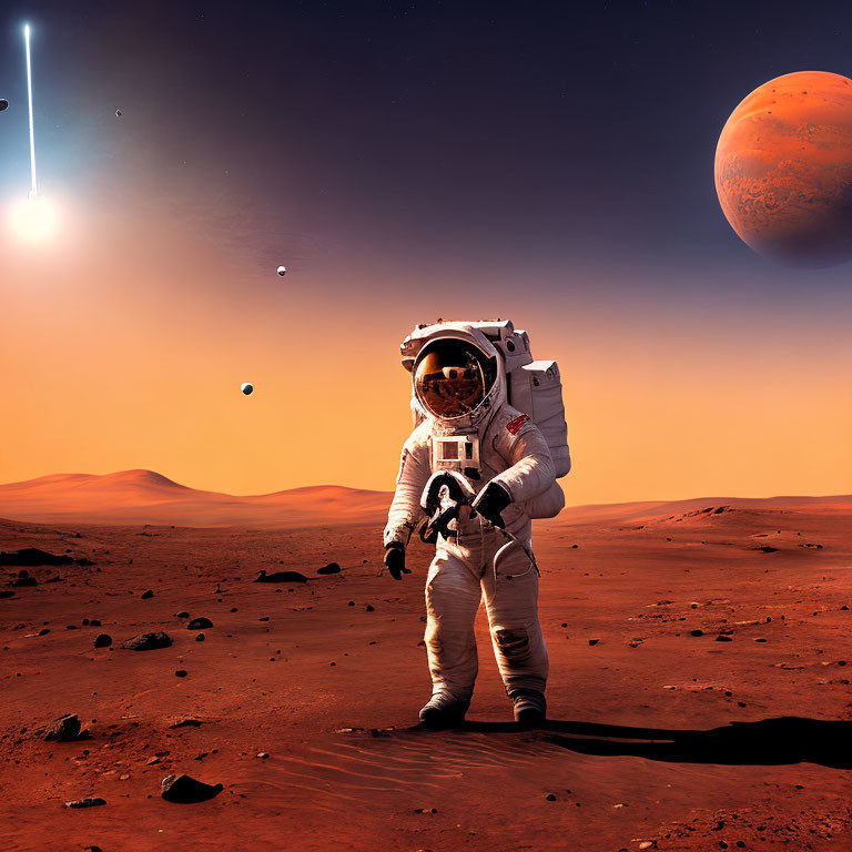 Astronaut on rocky Mars surface with sun and Mars globe in background