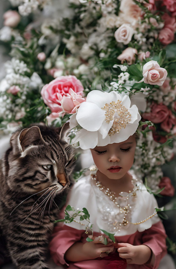 Young girl in white floral headband with striped cat among soft-hued flowers