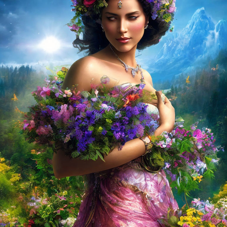 Woman with floral headpiece and bouquet in vibrant nature backdrop