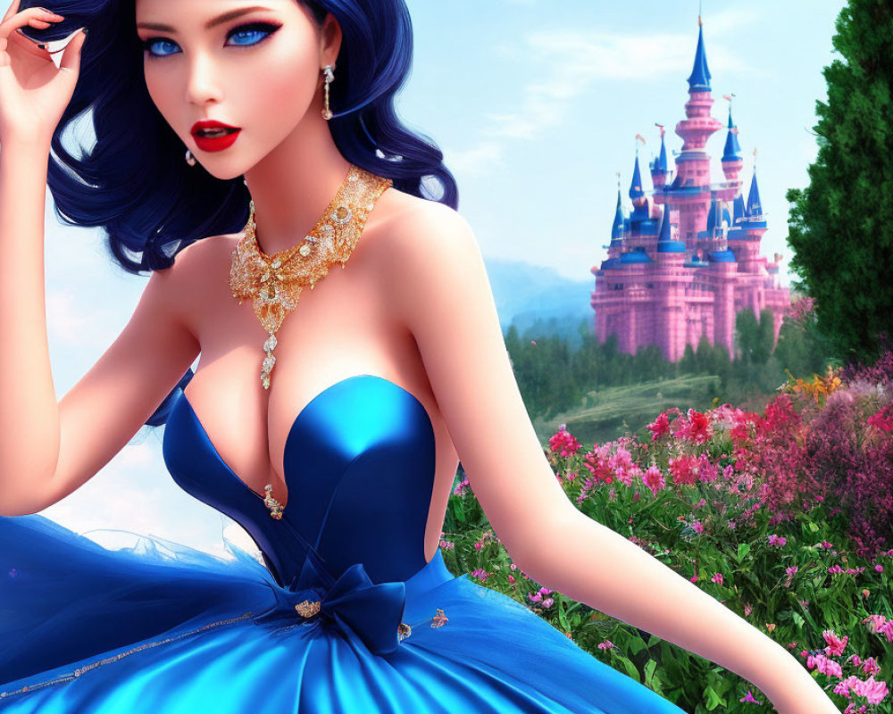 Illustrated woman in blue dress with fairytale castle and colorful flowers