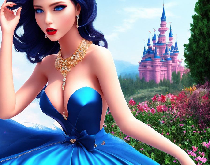 Illustrated woman in blue dress with fairytale castle and colorful flowers