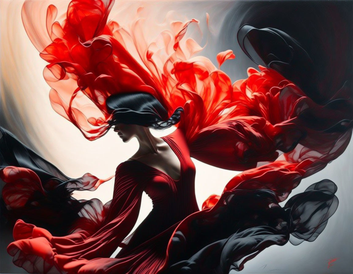 Stylized image of woman in red dress with abstract red and black pattern.