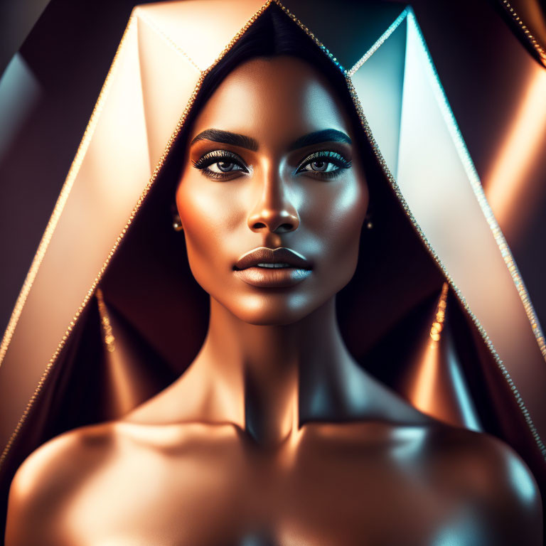 Stylized portrait of a woman in golden light with geometric background