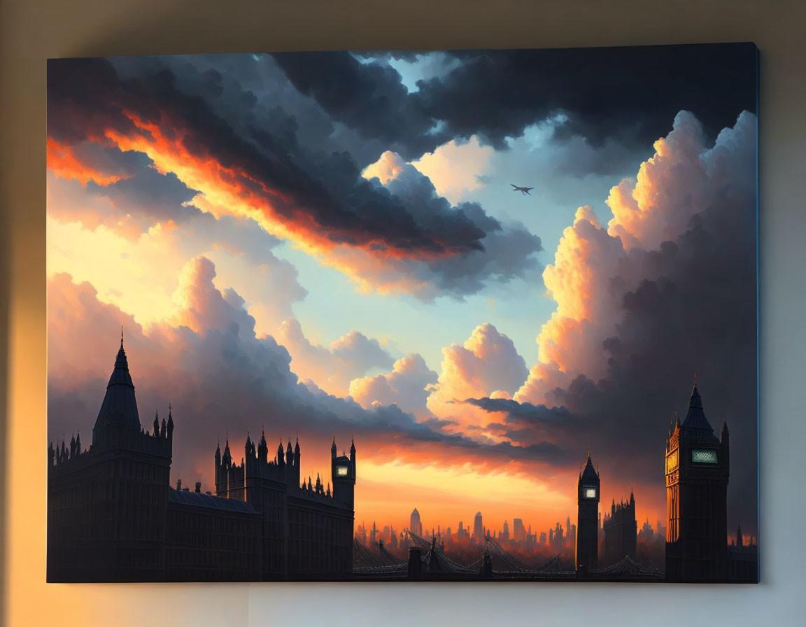 London skyline canvas print: Orange and blue dusk sky with iconic silhouettes.