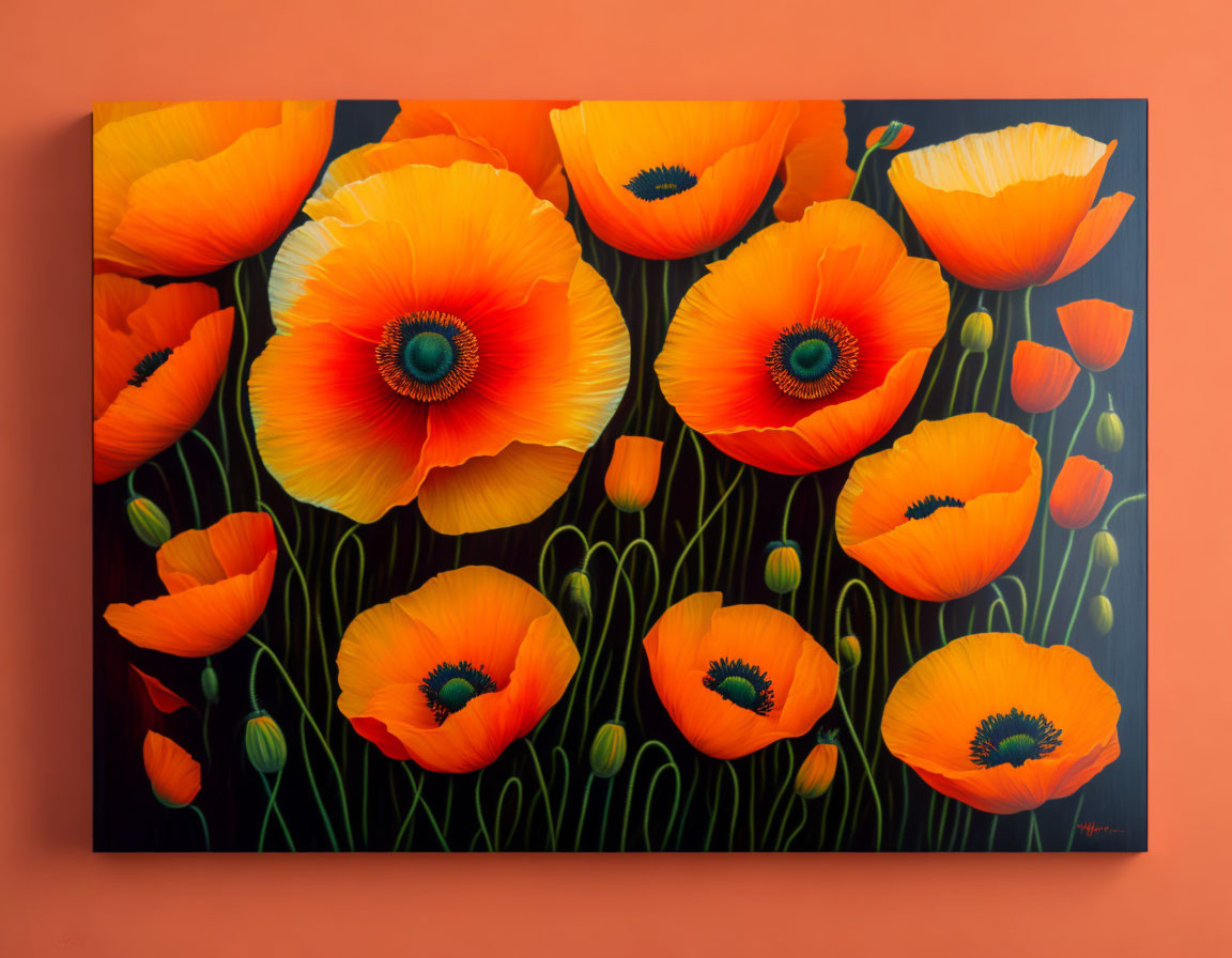 Vibrant painting of orange poppies on dark background, displayed on orange wall