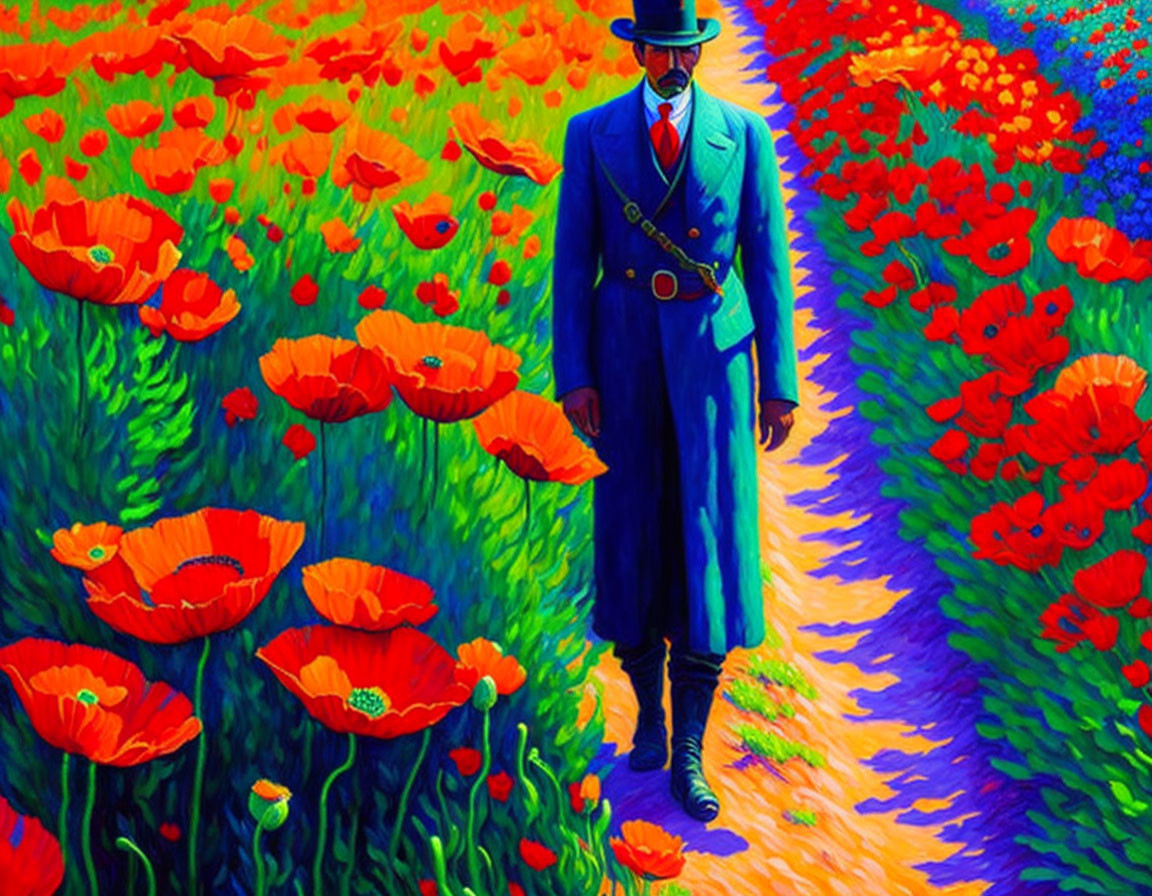 Colorful painting of man in blue suit among red poppies & lush foliage