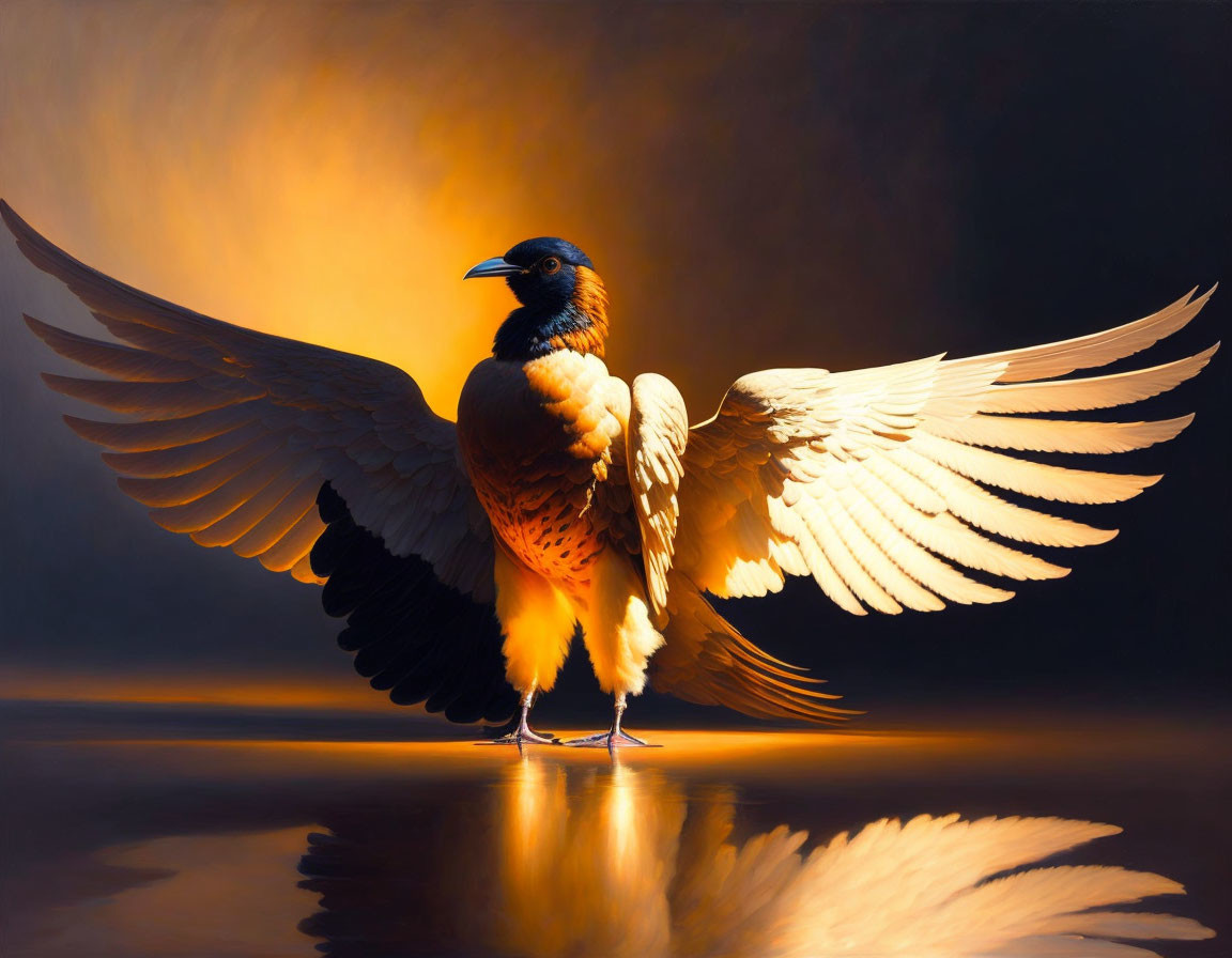 Majestic bird with outstretched wings in golden light against dark background