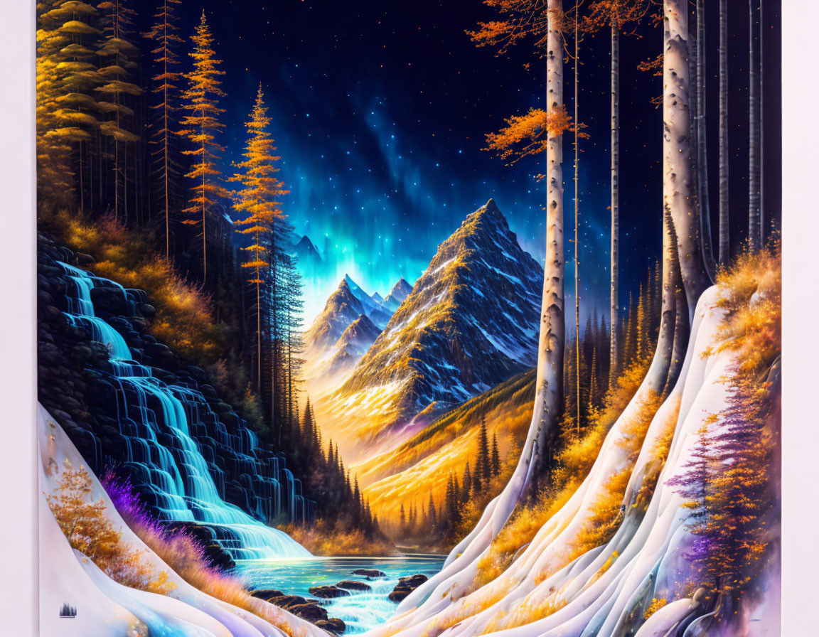 Night Scene Painting: Waterfall, River, Pine Trees, Mountains, Starry Sky