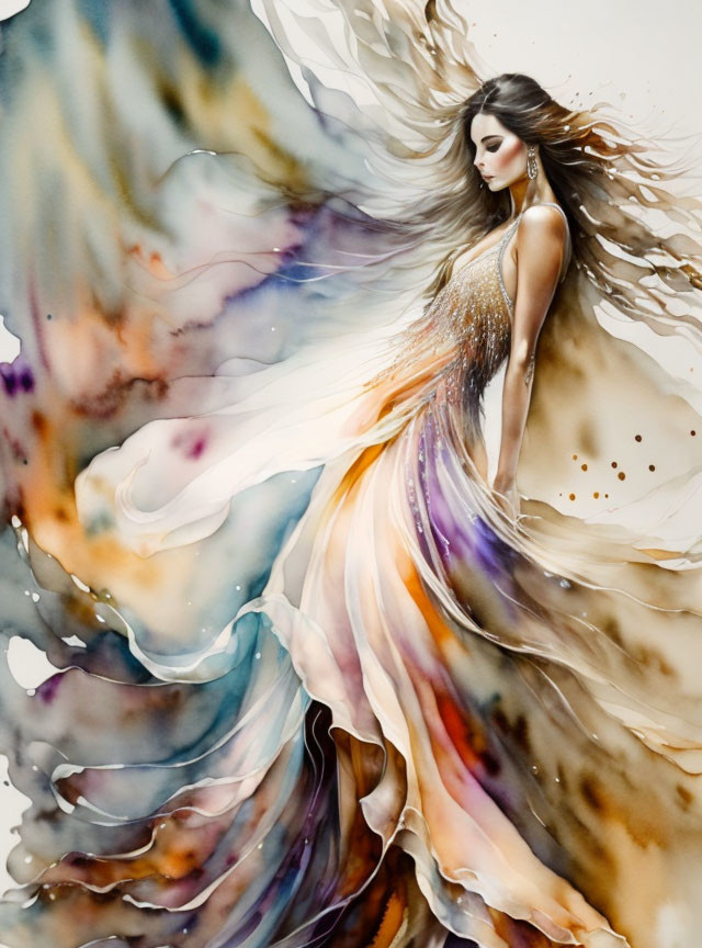 Woman with Long Hair in Multicolored Dress Against Abstract Watercolor Background