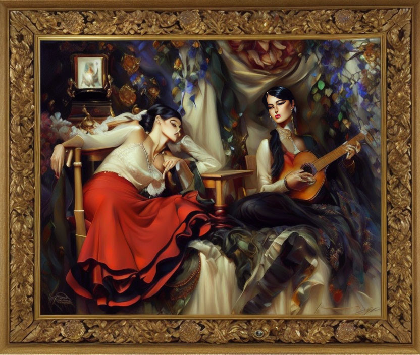 Ornate framed artwork of two women with guitar in classical setting