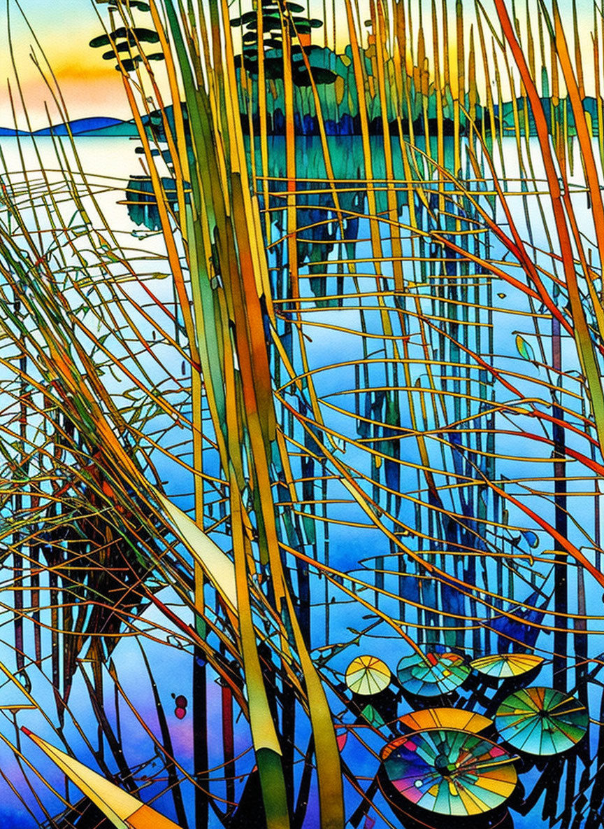 Colorful Sunset Sky Reflection with Tall Reeds and Lily Pads